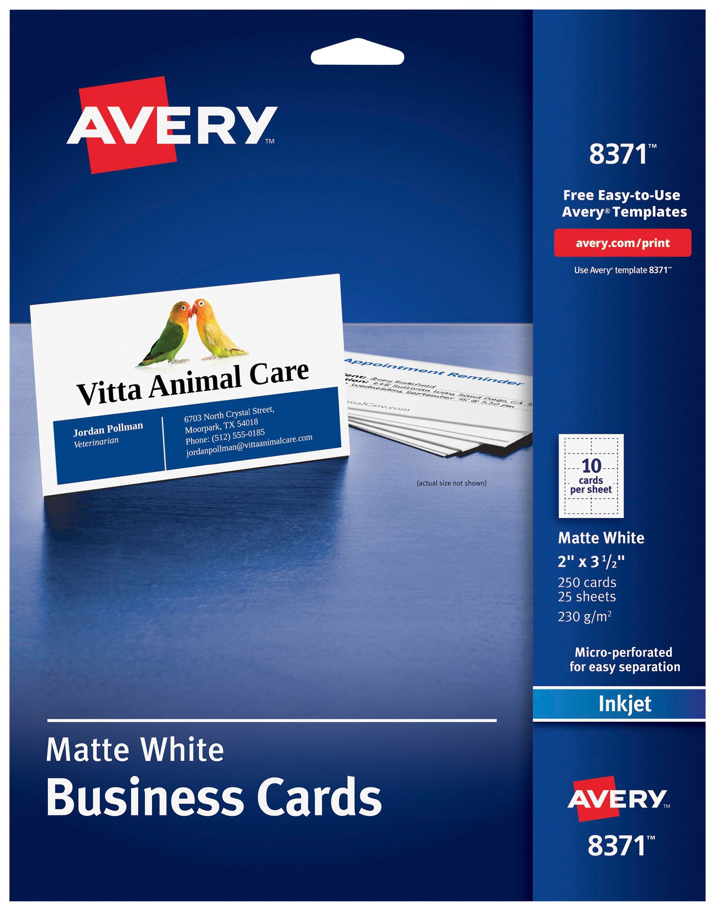 Avery Business Cards, 2 x 3-1/2 Inches, Inkjet Printable, Matte White, Pack of 250, Item Number 2049403